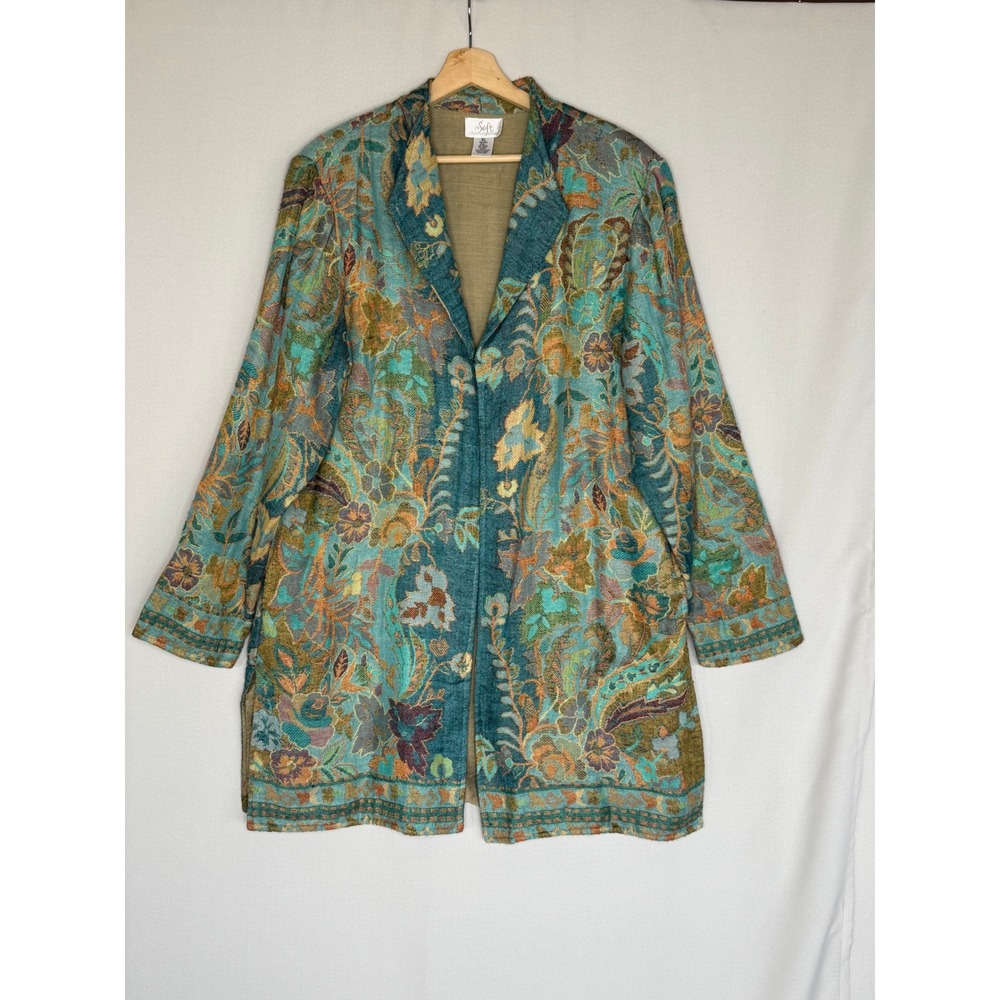 Soft Surrounding Wool Blend Blue Green Floral Tapestry Duster Long Jacket XL